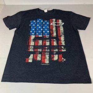 Chevrolet Car Shirt Men's Medium Grey Big Graphic Print Distressed USA Flag 1969